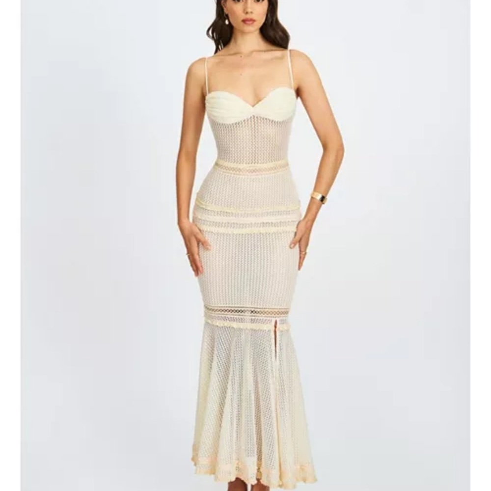 Women's Pallas Beige Lace Trim Crochet Mermaid Maxi Dress - Picture 5 of 10